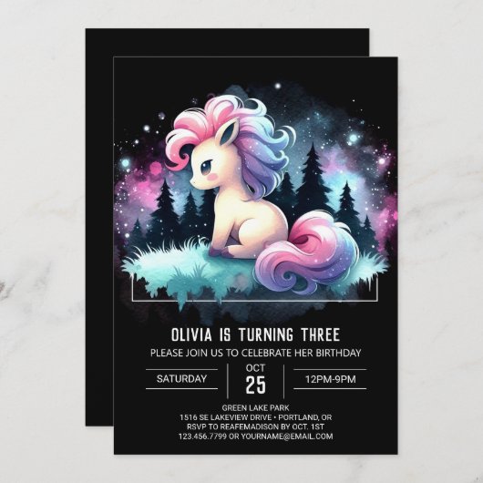 Invitation Aquarelle Cheval Simple Anniversaire (Devant / Derrière)