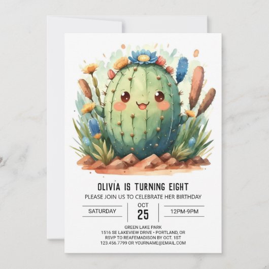 Invitation Aquarelle Chic Enfants Cactus Garçon Anniversaire (Devant)