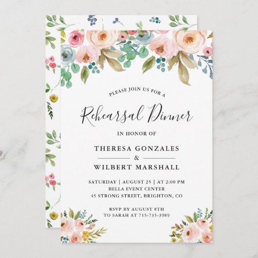 Invitation Aquarelle Chic Floral Mariage Dîner de répétition (Devant / Derrière)