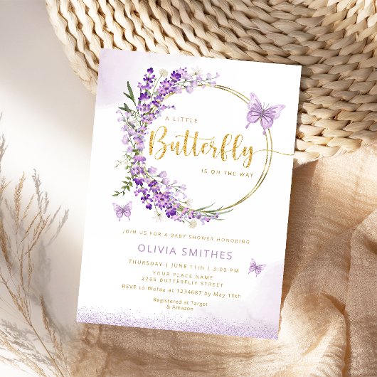 Invitation Aquarelle Chic Papillon pourpre Baby Girl Douche
