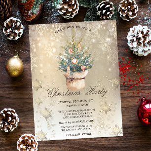 Invitation Aquarelle Chic Pine Arbre Snowflakes Or