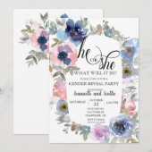 Invitation Aquarelle chic rose bleu Fleur Révélation de genre (Devant / Derrière)