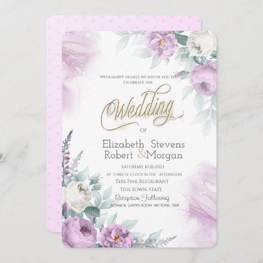 Invitation Aquarelle Chic Violet Fleurs (Devant / Derrière)