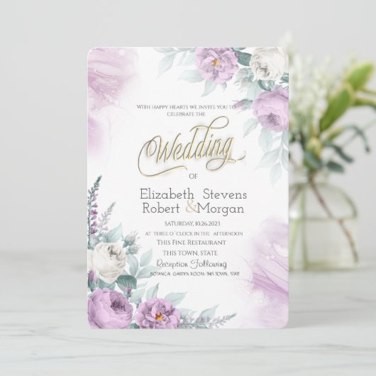 Invitation Aquarelle Chic Violet Fleurs (Debout devant)