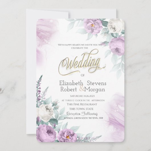 Invitation Aquarelle Chic Violet Fleurs (Devant)