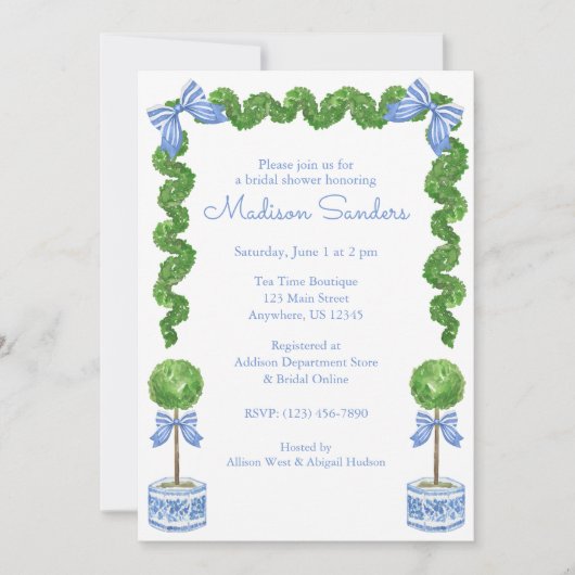 Invitation Aquarelle Chinoiserie Blue Bow Topiary (Devant)