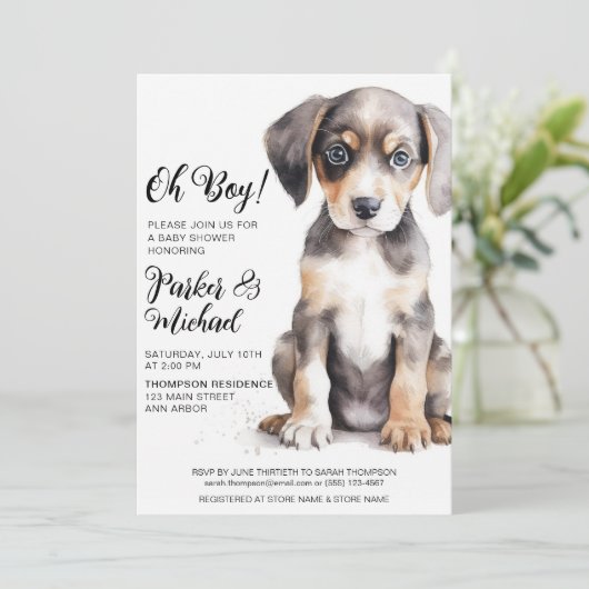 Invitation Aquarelle Chiot bébé bébé garçon douche (Debout devant)