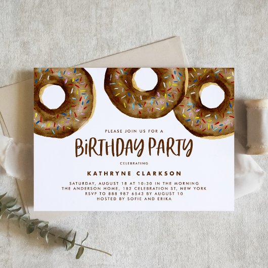 Invitation Aquarelle Chocolat Saupoudrer Donuts Anniversaire