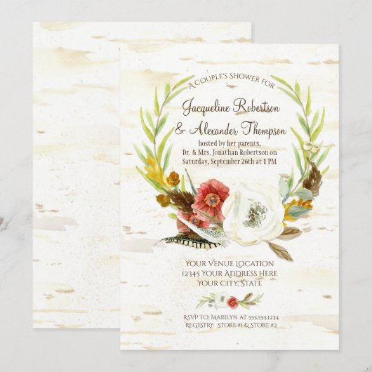 Invitation Aquarelle Chute Boho Floral Feather Couples Douche (Devant / Derrière)