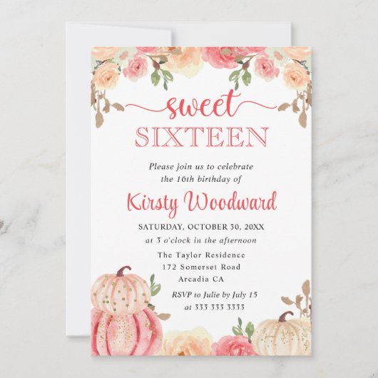 Invitation Aquarelle Chute Citrouille  Sweet sixteen (Devant)