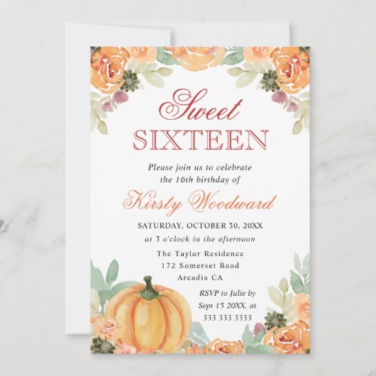 Invitation Aquarelle Chute Citrouille  Sweet sixteen (Devant)