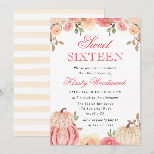 Invitation Aquarelle Chute Citrouille  Sweet sixteen (Devant / Derrière)