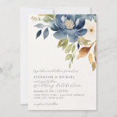 Invitation Aquarelle Chute Floral moderne bleu Mariage ivoire (Devant)