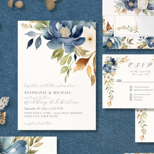 Invitation Aquarelle Chute Floral moderne bleu Mariage ivoire