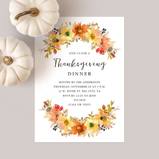 Invitation Aquarelle Chute Florale Thanksgiving Dîner