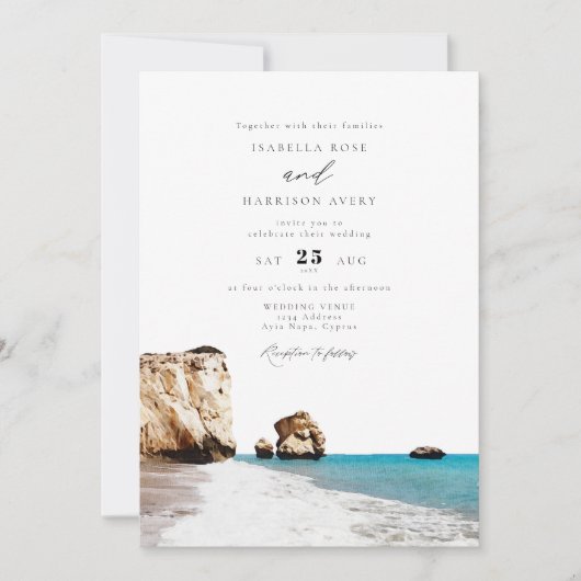 Invitation Aquarelle Chypre Aphrodite Beach Mariage Océan (Devant)