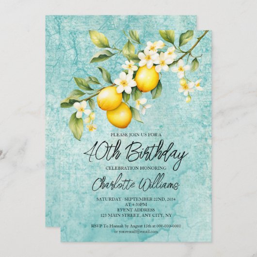 Invitation Aquarelle Citron à thème 40e anniversaire (Devant / Derrière)