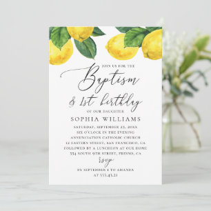 Invitation Aquarelle citron agrumes. Baptême 1er anniversaire