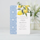 Invitation Aquarelle Citron bleu carrelage méditerranéen Mari (Debout devant)