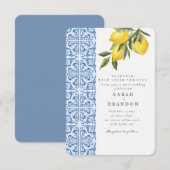 Invitation Aquarelle Citron bleu carrelage méditerranéen Mari (Devant / Derrière)