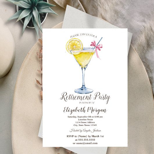 Invitation Aquarelle Citron Cocktail Pois Retraite