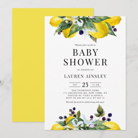 Invitation Aquarelle Citron et Blackberry Baby shower d'été (Devant / Derrière)