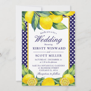 Invitation Aquarelle Citron Floral Bleu Polka Point