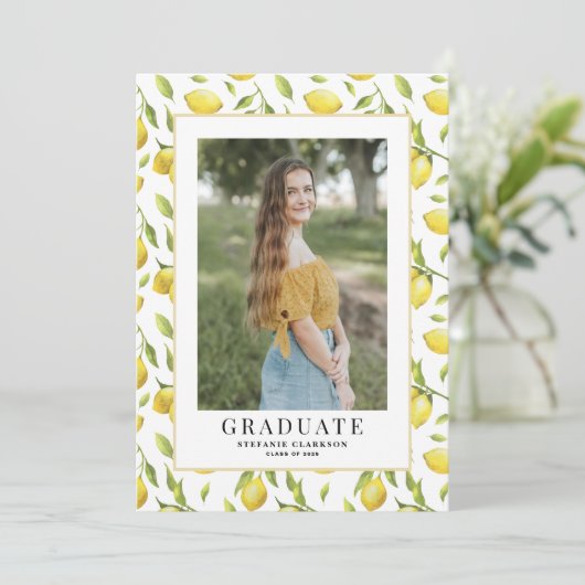 Invitation Aquarelle Citron vert Motif Photo Graduation (Debout devant)
