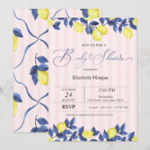 Invitation Aquarelle Citrons Baby shower à rayures roses (Devant / Derrière)