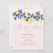 Invitation Aquarelle Citrons Baby shower rayé rose (Devant)