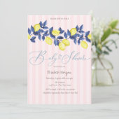 Invitation Aquarelle Citrons Baby shower rayé rose (Debout devant)