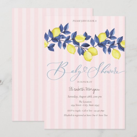 Invitation Aquarelle Citrons Baby shower rayé rose (Devant / Derrière)