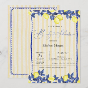 Invitation Aquarelle Citrons Baby shower rayures jaunes
