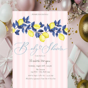 Invitation Aquarelle Citrons Baby Shower Rayures Roses