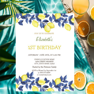 Invitation Aquarelle Citrons Bleu Méditerranée Anniversaire