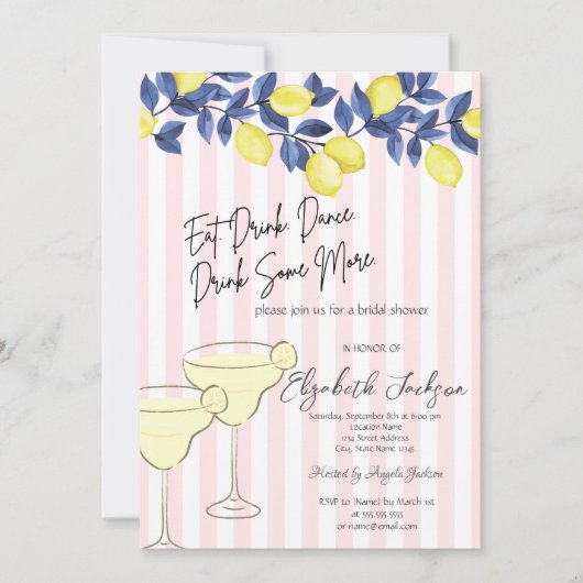 Invitation Aquarelle Citrons Bleus Martini Grandes Roses (Devant)