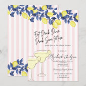 Invitation Aquarelle Citrons Bleus Martini Grandes Roses (Devant / Derrière)