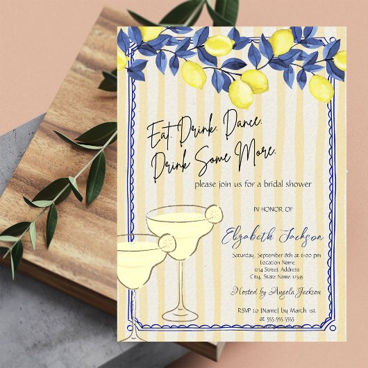 Invitation Aquarelle Citrons Bleus Martini Jaunes Stripes