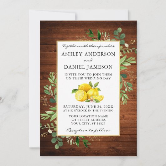 Invitation Aquarelle Citrons Bois Mariage (Devant)