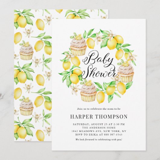 Invitation Aquarelle Citrons et Cupcakes Baby shower de couro (Devant / Derrière)
