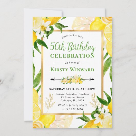 Invitation Aquarelle Citrons et fleurs 50e anniversaire (Devant)