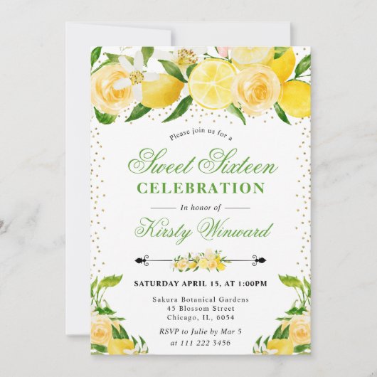 Invitation Aquarelle Citrons et Fleurs Douce 16 (Devant)