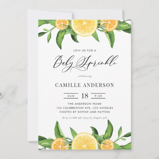 Invitation Aquarelle Citrons et Oranges Été Bébé Parsemer (Devant)