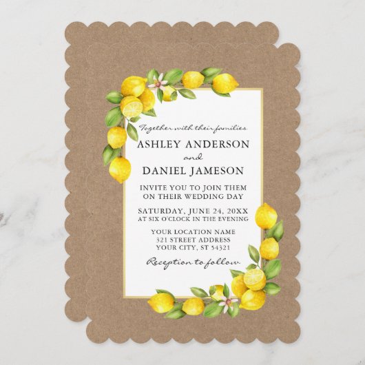 Invitation Aquarelle Citrons et verdure Mariage Kraft (Devant / Derrière)
