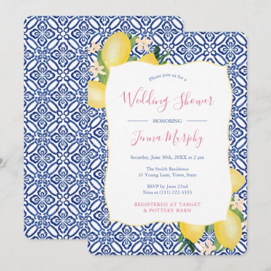 Invitation Aquarelle Citrons italiens Carrelage bleu Wedding (Devant / Derrière)
