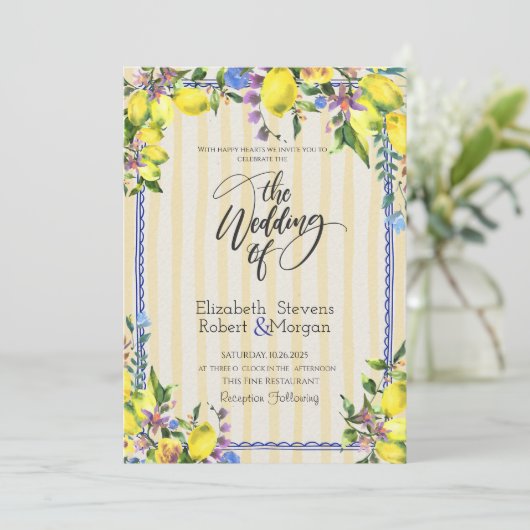 Invitation Aquarelle Citrons Jaune Mariage (Debout devant)