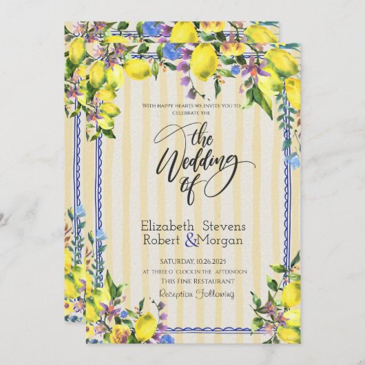 Invitation Aquarelle Citrons Jaune Mariage (Devant / Derrière)