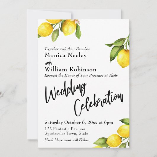 Invitation Aquarelle Citrons Mariage Célébration Typographie (Devant)