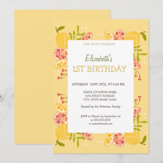 Invitation Aquarelle Citrons Orange Anniversaire (Devant / Derrière)