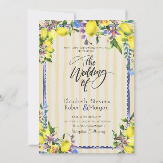 Invitation Aquarelle Citrons Rayures Jaunes Mariage (Devant)